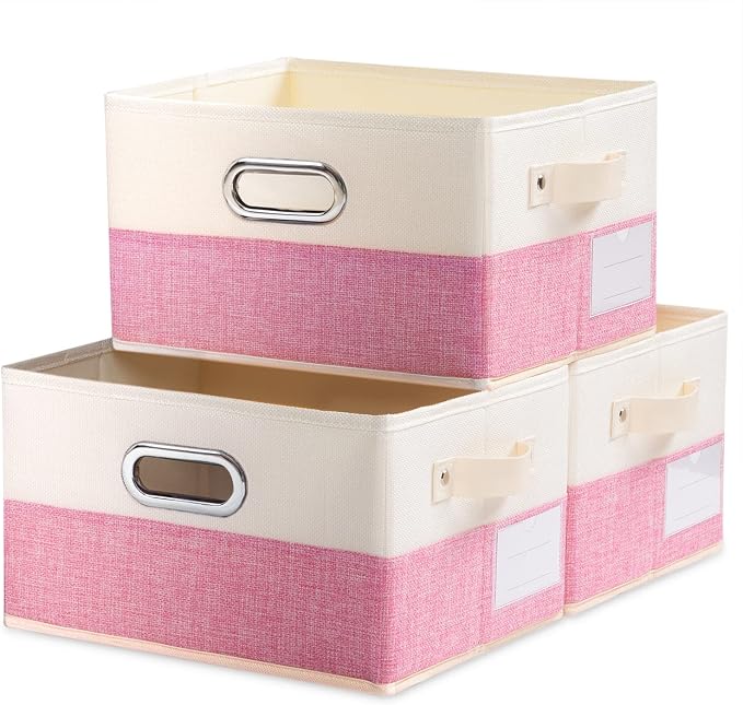 PRANDOM Fodable Storage Bins for Closet [3-pack] Decorative Fabric Storage Baskets Cubes with Leather/Metal Handles for Shelves Bedroom Living Room Pink&Cream (11.5x8.5x6.7 Inch) by Prandom