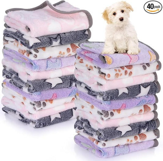 Chumia 40 Pcs Dog Blankets Soft Fluffy Fleece Washable Puppy Sleep Blankets Small Mat for Pets Throw Warm Bed Mat for Dog Puppy Cat (Grey,Heart,Star,Paw,Bone) by Chumia