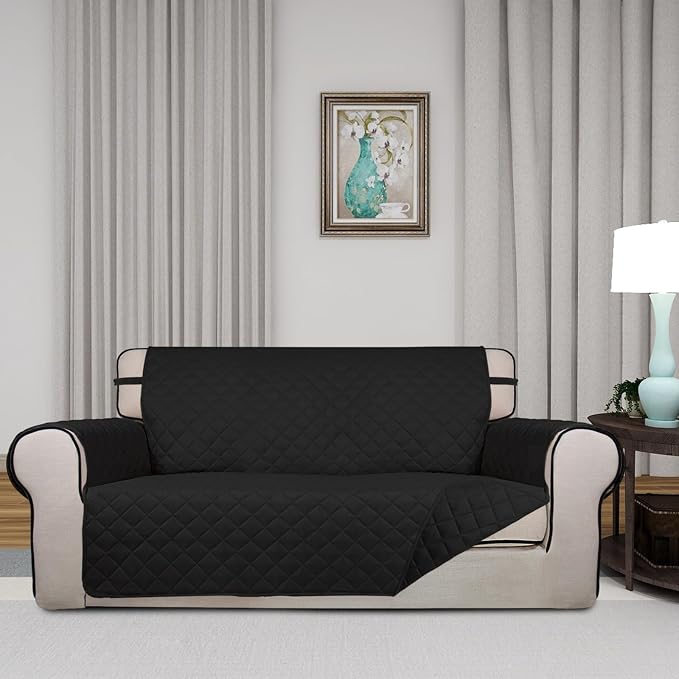 PureFit Reversible Quilted Couch Covers for Dogs Loveseat Sofa Cover 54" | Black/Black, Water Resistant Couch Protector, Washable Pet Couch Cover with Non Slip and Elastic Straps For Kids - Image 2