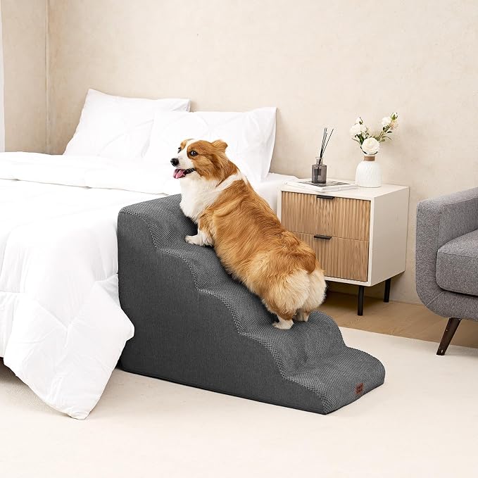 EHEYCIGA Curved Dog Stairs Ramp for High Beds, 5-Step Extra Wide Dog Steps for Small Dogs and Cats, Pet Stairs for High Bed Climbing, Non-Slip Balanced Pet Step Indoor, Grey - Image 8