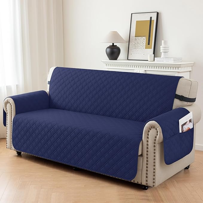 Waterproof Couch Cover for Pets, Sofa Covers for 3 Cushion Couch Washable, Non Slip Couch Covers for Dogs with Side Pockets Elastic Straps, Quilted Couch Covers for Sofa (Sofa, Navy Blue) - Image 2