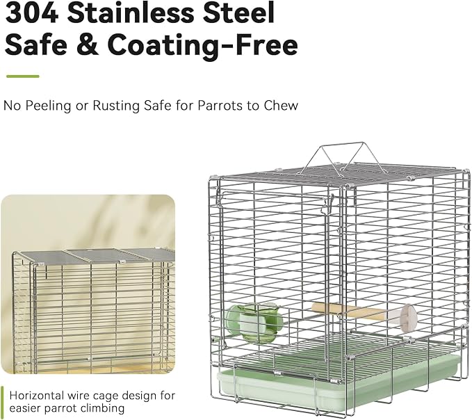 Bird Carrier Travel Cage - 304 Stainless Steel Portable Folding Bird Travel Cage with Parrot Feeder Cups & Standing Perch for Smaller Birds Conures Lovebird Cockatiel Parakeets (Green) - Image 6