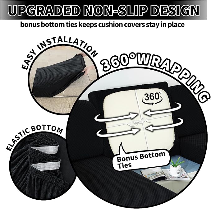 【Clearance】 Sectional Couch Covers for L Shaped Chaise Lounge 1 Piece Separate Cushion Couch Universal Replacement Large Checkered Furniture Protector with Elastic Bottom (Chaise Cover, Black) - Image 4