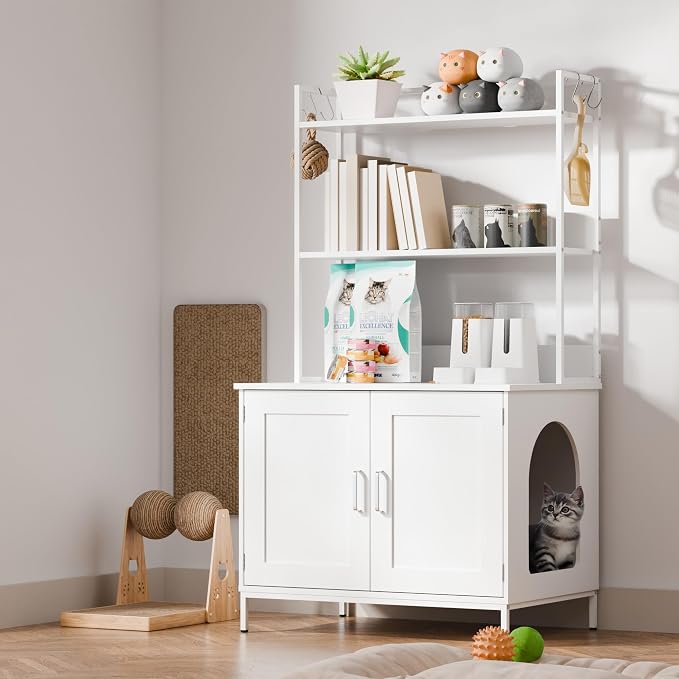 Cozy Castle Cat Litter Box Enclosure with Storage, 57'' Hidden Cat House Furniture, Wooden Cat Cabinet with Shelves & 4 S-Hooks, Indoor Cat Litter Box Organizer, White by CozyCastle