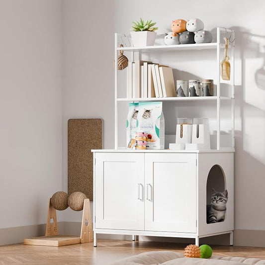 Cozy Castle Cat Litter Box Enclosure with Storage, 57'' Hidden Cat House Furniture, Wooden Cat Cabinet with Shelves & 4 S-Hooks, Indoor Cat Litter Box Organizer, White by CozyCastle