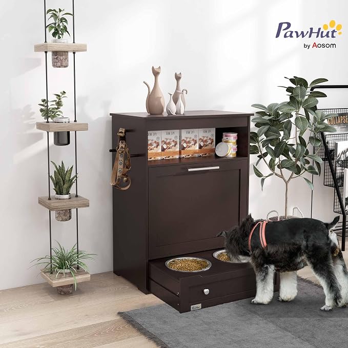 PawHut Dog Feeding Station with Raised Bowls, Pet Feeder Station, Brown | Dog Food Storage Cabinet, Hanger for Feeding & Watering Supplies - Image 2
