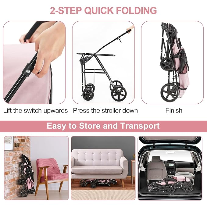 Double Pet Stroller for Dogs and Cats with 2 Detachable Carrier, Quick-Folding Dog Stroller for Medium Small Dogs Cats, 4 Wheels, Light Pink