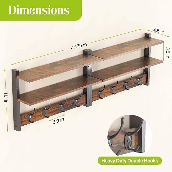 2 Tier Coat Rack Wall Mount with Shelf, 33" Wall Shelf with Hooks, Entryway Key Holder for Wall with 8 Heavy Duty Double Hooks, Coat Hook Wall Mounted for Bedroom, Living Room, Rustic Brown - Image 3