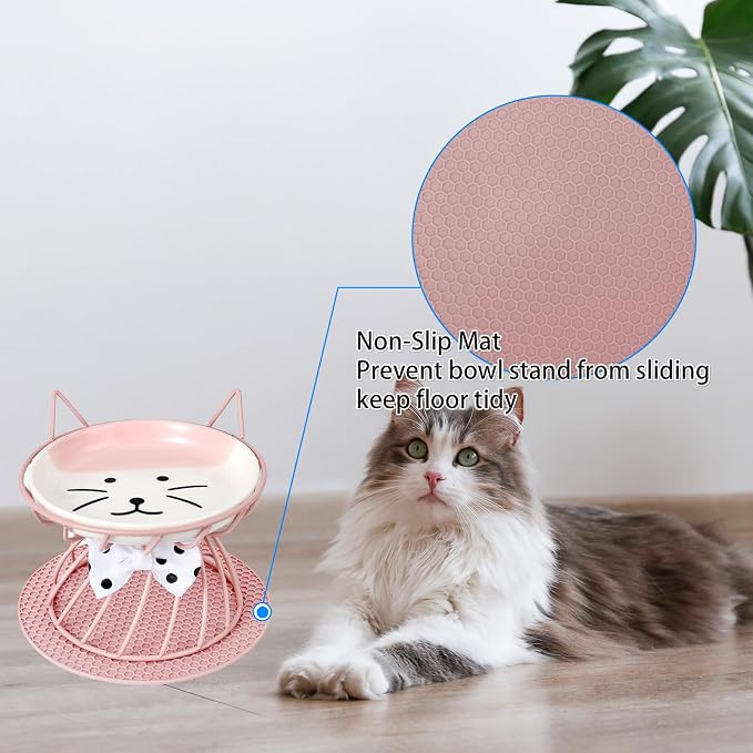 Set of 2 Elevated Ceramic Cat Dishes, Pink & Blue | Pink & Blue Set Detachable Bowls Elevated Design Whisker Friendly Non-Slip Pads - Image 3