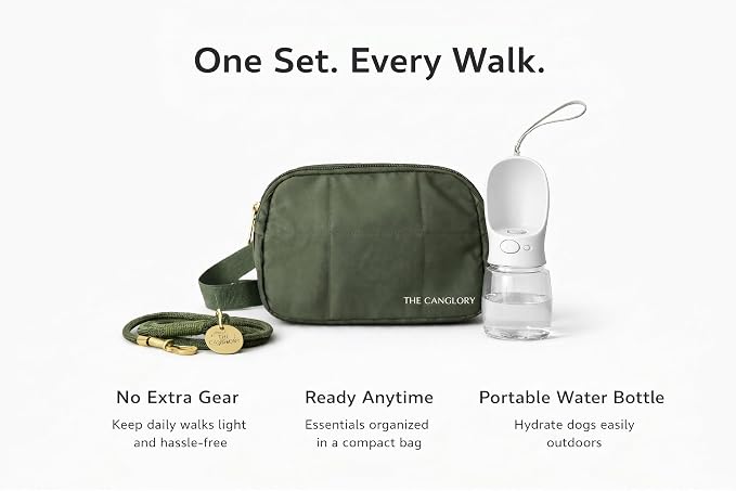Dog Walking Fanny Pack, 4-in-1 Dog Walking Accessories Kit with Crossbody Dog Walking Bag, Hands-Free Rope Leash, 12oz Water Bottle & Poop Bag Dispenser, Treat Pouch for Training (Olive Green) - Image 8