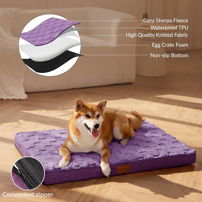 Patas Lague Orthopedic Large Dog Bed Washable Pet Crate Mat 56''X40'' Purple - Image 3