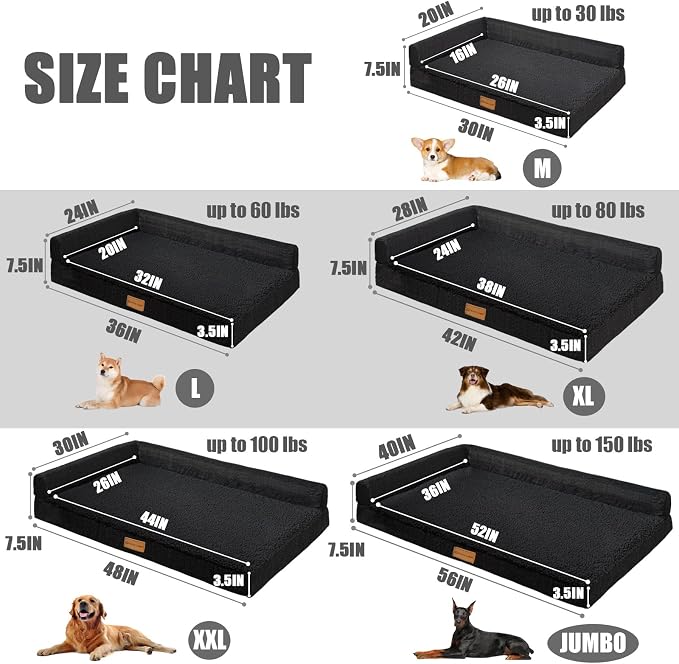 Patas Lague Orthopedic Large Dog Bed Pet Sofa Beds 48''X30''Black | L Bolster Egg-Crate Foam Dog Couch For Large Sized Dogs, Waterproof Removable Washable Cover, Pet Mat with Nonskid Bottom - Image 6
