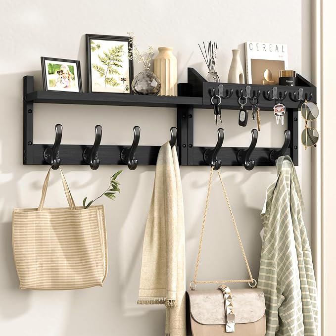 Evermagin 29" Coat Rack Wall Mount with Shelf & 11 Hooks, Entryway, Black | 4-in-1: coat hooks, key hanger, mail holder & display shelf. Pine wood. For bedroom, hallway, mudroom, livingroom by Evermagin