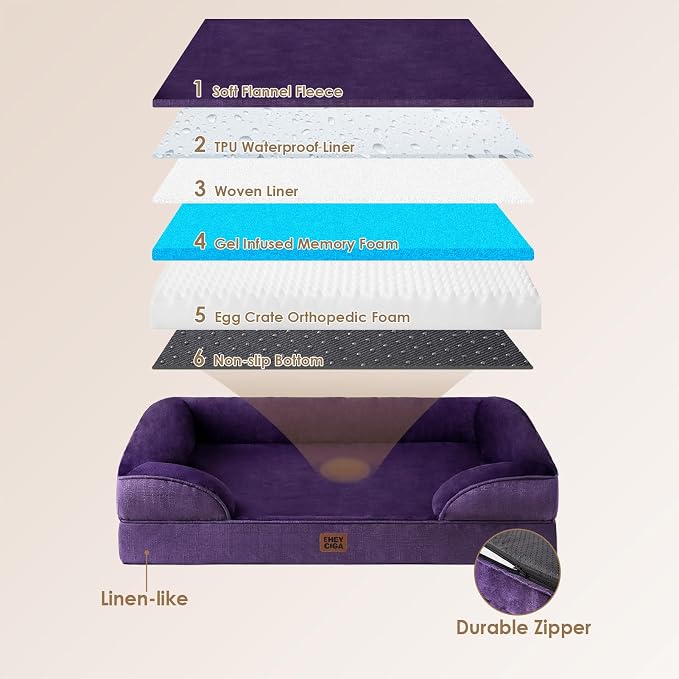 EHEYCIGA Orthopedic Dog Beds Large Sized Dog, Waterproof Washable Pet Bed | Non-Slip Bottom and Egg-Crate Memory Foam XL Dog Couch Bed with Washable Removable Cover, Purple, 41Inch - Image 4