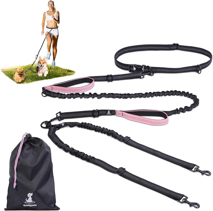 SparklyPets - Hands Free Double Dog Leash - Dual Dog Leash for 2 Small Dogs - with Padded Handles, Reflective Stitches - No Pull, Tangle Free, for Walking, Hiking, Canicross - for Small Dogs by SparklyPets