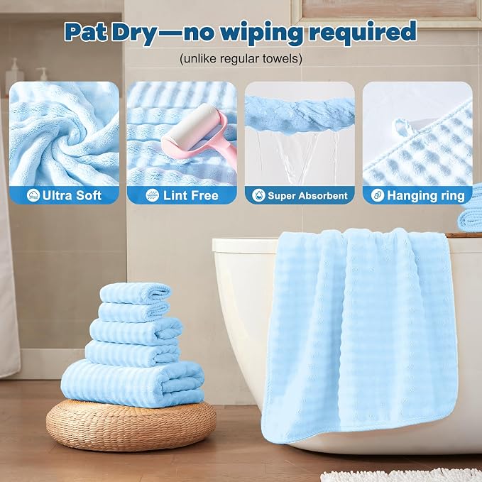 COZYART Lint Free 8 Pcs Bathroom Towel Set Ultra Soft Microfiber Light Blue | Fluffy, Thick, Highly Absorbent, Fast Dry, No Shedding, No Pilling, Fade Resistant, Durable, Long-lasting - Image 4