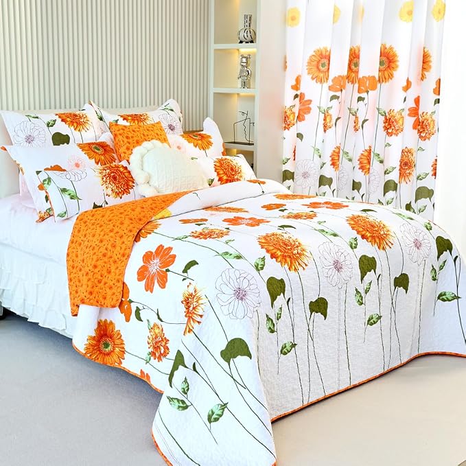 EVENHUG 100% Cotton Quilt King Size Orange Sunflower Bedding Set Floral Lightweight Quilt Reversible Coverlet Bedspread with 2 Pillow Shams All Seasons 3 Pieces (106”X96”) - Image 5