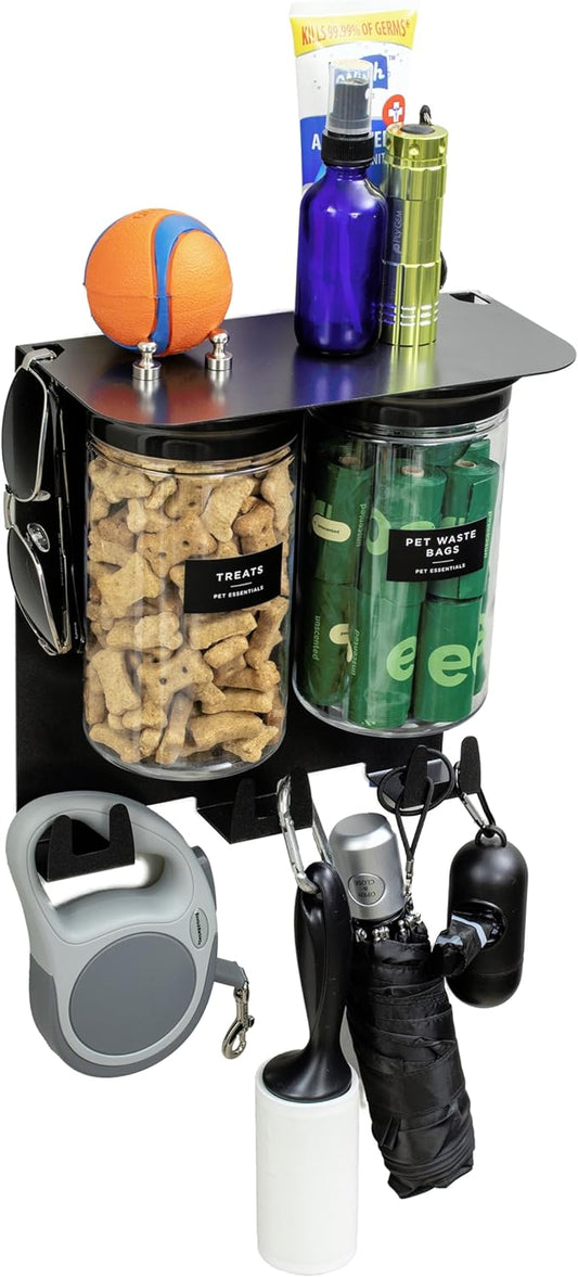 Dog Leash Holder for Wall with Shelf - Wall Mounted Dog Treat Holder & Station, 2 Large Airtight 32oz Treat Containers, 9 Hooks, Patented Lidless Slide-to-Seal Jars, Solid Steel, Made in USA by Vascito