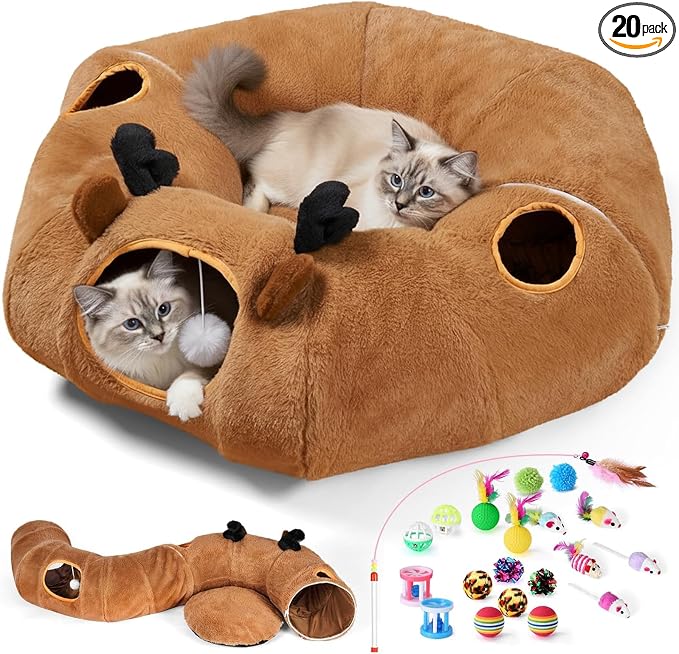 Cat Tunnel Bed with 20 Pcs Interactive Toys, 3-in-1 DIY Collapsible Plush Cat Tube with Washable Mat, Large Indoor Play Tunnel Cave for Kittens and Small Animals by Odoland