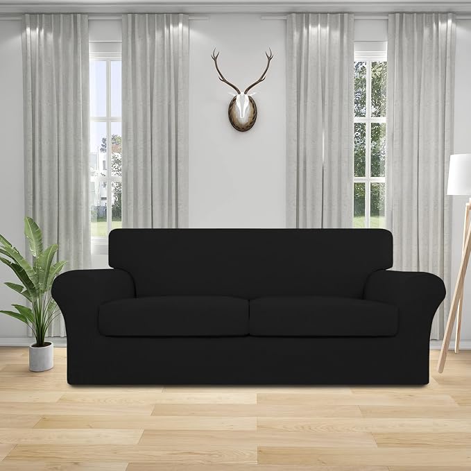 Easy-Going 3 Pieces Stretch Oversized Loveseat Couch Cover for 2 Cushion Couch Sofa Cover for Dogs Washable Sofa Slipcover Elastic Furniture Protector for Pets (Black, Oversized Loveseat) - Image 2