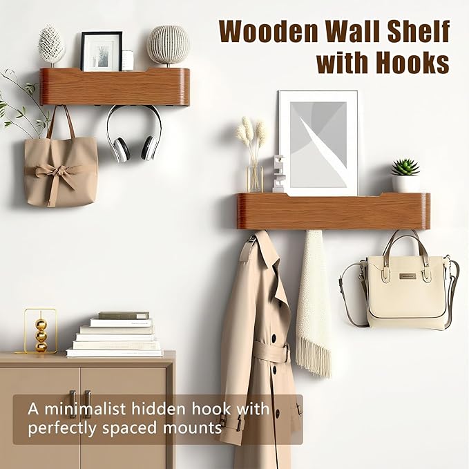 Coat Rack Wall Mount with Hidden Hooks, Wall Hooks with Shelf, Wall Key Holder Mount Wooden Shelf Entryway Hooks for Bedroom Bathroom for Hanging Coats Hats Bags Towels (Walnut, 4 Hooks) - Image 7