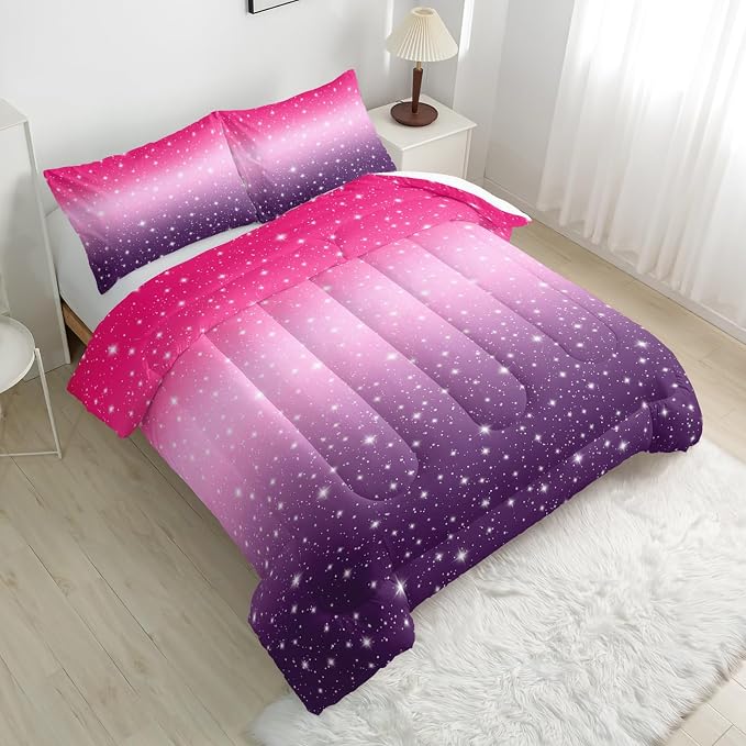 Nttopship Pink Purple Glitter Comforter Set King Size 3 Pieces Bed in A Bag for Teen Girls,Pink Violet Gradient Bedding Set,Rainbow Colorful Tie Dye Bedroom with 1 Comforter and 2 Pillowcases - Image 3