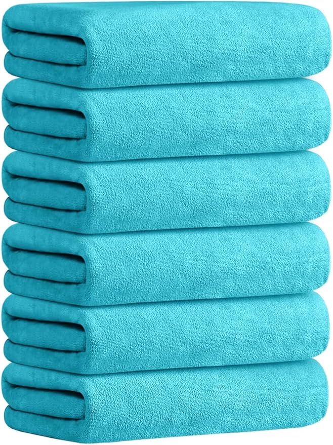 JML Microfiber Bath Towels with Hanging Loop, 30" x 60", 6 Pack | Soft, Absorbent, Lint Free, Fade Resistant, Quick Drying Towels for Body, Adult, Aquamarine by JML
