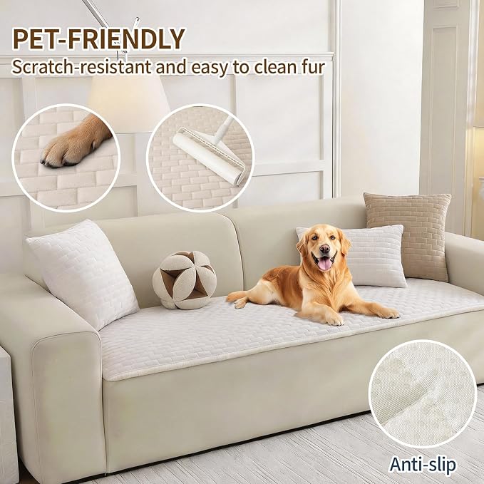 Warmstar Waterproof Couch Cover for Dogs Washable,Brick Pattern Short Plush Pet Couch Covers for Sofa,Soft Sofa Cover Non-Slip for 3 Cushion Couch Sofa Pet Friendly (Off White, 27.6" x 82.7") - Image 3