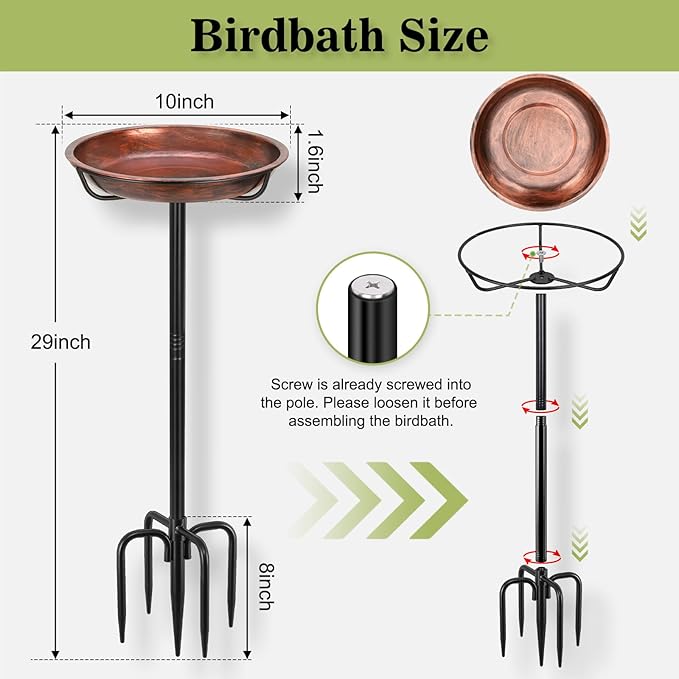Gtongoko 10" Dia Bowl Small Metal Bird Bath for Outside Heavy Duty, 29" Height Bird Feeder Birdbaths for Outdoors, Garden Bird Bath Bowl with 5-prongs Base - Image 3