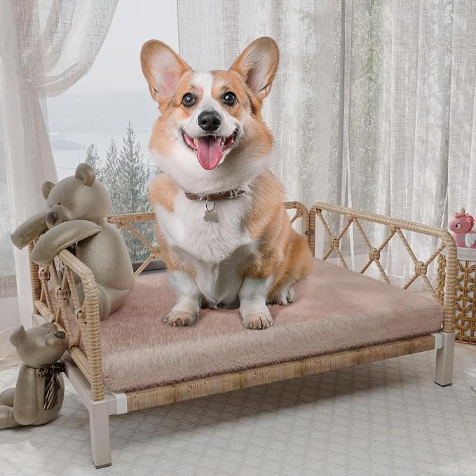 Elevated Waterproof Dog Beds with Egg Crate Foam Support Pet Bed, Outdoor Dog Sofa Bed PE Wicker Orthopedic Pet Couch Bed with Washable Removable Cushion for Medium, Small Dogs, Brown by HLNPTN