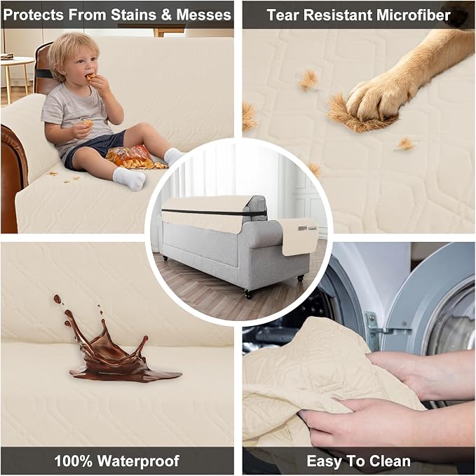 100% Waterproof Couch Cover, Straps&Pockets,pet Friendly,68" Beige | Washable sofa cover, pet-friendly, scratch-resistant furniture protector, quilted sofa cover, reversible, non-slip backing. - Image 3