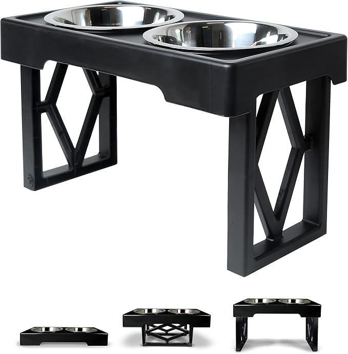 Pet Zone Designer Diner Elevated Dog Bowl Stand, 3 Adjustable Height Levels | Set includes two stainless steel dishes holding up to 7 cups each, raised feeding comfort for growing puppies and big breeds by Pet+Zone