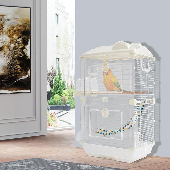 2-Door Wrought Iron Bird Cage Parakeet Cage with Roof & Handles, Parrot Cage Pet Birds Flight Cage, Interactive Birdcages Bird House Travel Cages for 1-3 Birds (28" H, Transparent-B) - Image 5