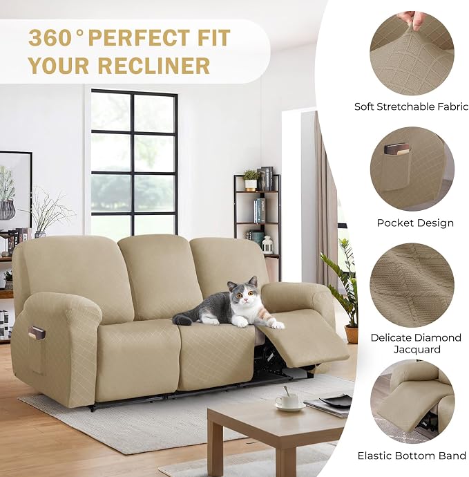 vctops Diamond Recliner Sofa Covers 8-Pieces Stretch Large Couch Covers for 3 Seats Reclining Slipcovers Soft Solid Furniture Protector (Light Coffee,3 Seat) - Image 4