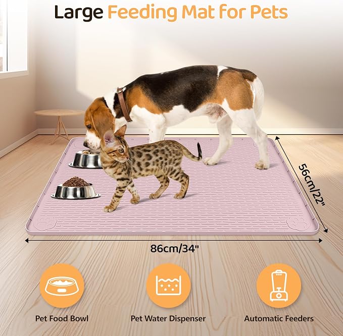 Dog Food Mat 34''x22'' Extra Large Dog Mat for Food and Water, Pink | Silicone Dog Bowl Mat with Raised Edge, Waterproof Non-Slip Pet Feeding Mat for Floors, fit for Dog Cat Bowls - Image 2