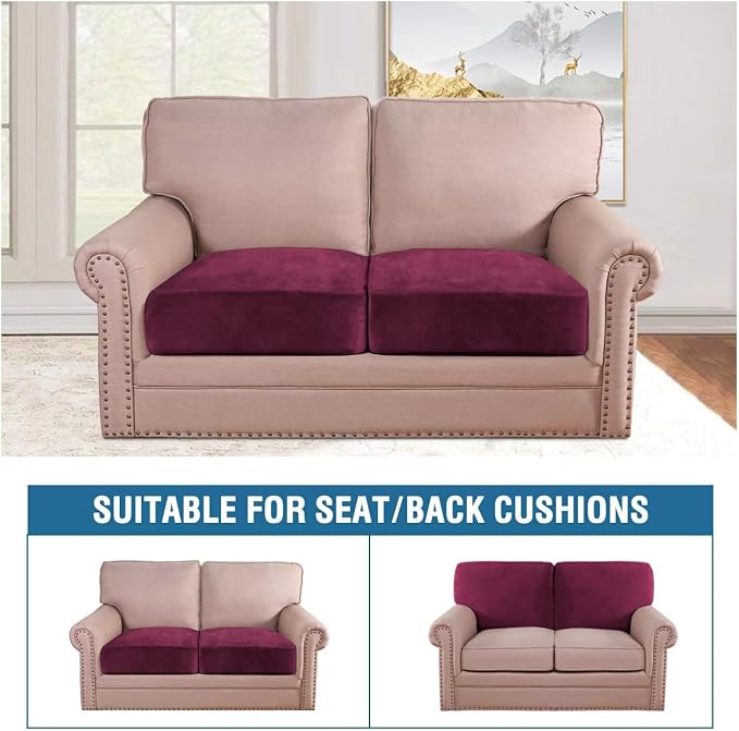 H.VERSAILTEX Velvet Stretch Couch Cushion Cover Plush Cushion Slipcover for Chair Loveseat Sofa Cushion Furniture Protector Seat Cushion Sofa Cover (2 Piece Large Sofa Cushion Covers, Burgundy) - Image 3