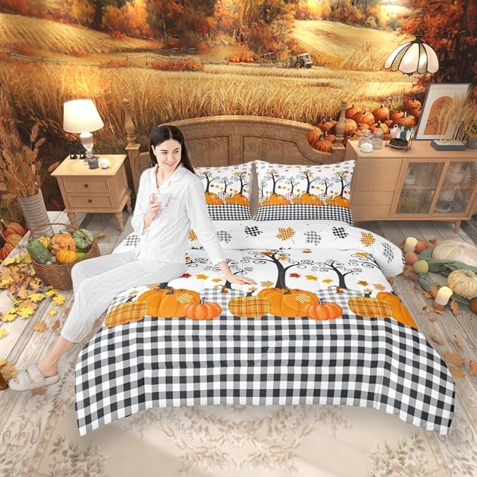 Fall Pumpkin Harvest Comforter Set Queen Size,Kids Adults Bedroom/Country Cottage Decor,Black White Plaid Bedding Set,Maple Autumn Leaves Down Comforter,Rustic Bright Duvet Insert,3pcs,2 Pillowcases - Image 4