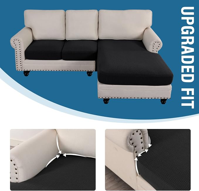H.VERSAILTEX Sectional Couch Covers 3 Pieces Sofa Seat Cushion Covers L Shape Separate Cushion Couch Chaise Cover for Both Left/Right Sectional Couch (Seat Only: 1 Chaise + 2 Sofa, Black) - Image 7
