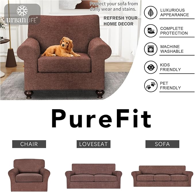 URBANLIFE 2-Piece Stretch Sofa Covers for 1 Cushion Couch, Chocolate | Super fitted spandex slipcovers for couches. Non-slip elastic bottom. Machine washable furniture protector for kids & pets. - Image 6