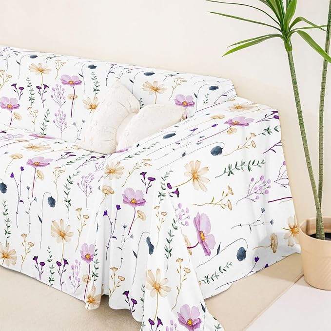 Watercolor Floral Couch Covers Purple Beige Flower Sofa Cover 71" X 91" Modern Minimalist White Couch Protector Rustic Farmhouse Washable Non Slip Sofa Slipcover For Living Room Furniture Protector - Image 5