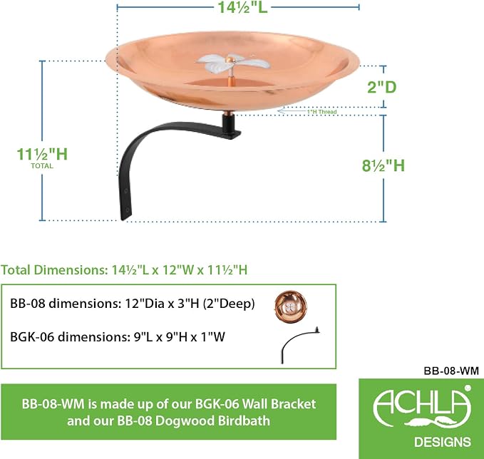 Achla Designs Dogwood Copper Birdbath with Wall Mount Bracket - Image 2