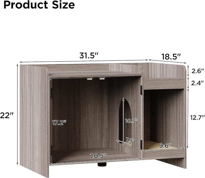 Halitaa Cat Litter Box Enclosure, Hidden Litter Box Furniture with Scratch Pad and Storage, Modern Indoor Cat House with Divider, Side End Table, Grey - Image 2