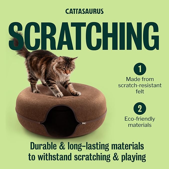 Cattasaurus Peekaboo Cat Cave Donut for Multiple & Large Cats up to 30-45 lbs, 3-in-1 Self Warming Cat Bed, Tunnel & Scratcher for Indoor Cats, Washable & Detachable Small Dog Bed (Brown, Jumbo) - Image 5