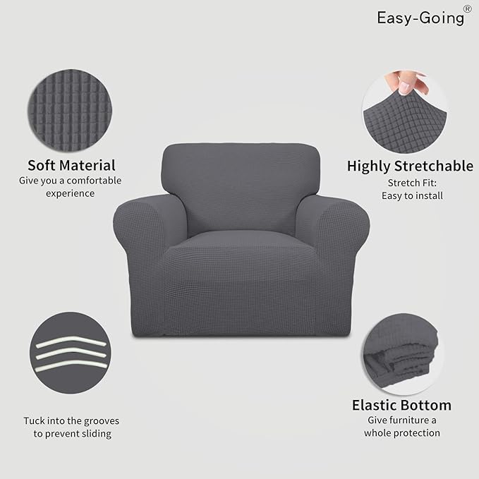 Easy-Going Stretch Chair Slipcover with Arm Washable Gray | 1-Piece Couch Sofa Cover Furniture Protector for Living Room Soft with Bottom For Kids, Pet. Spandex Jacquard - Image 3