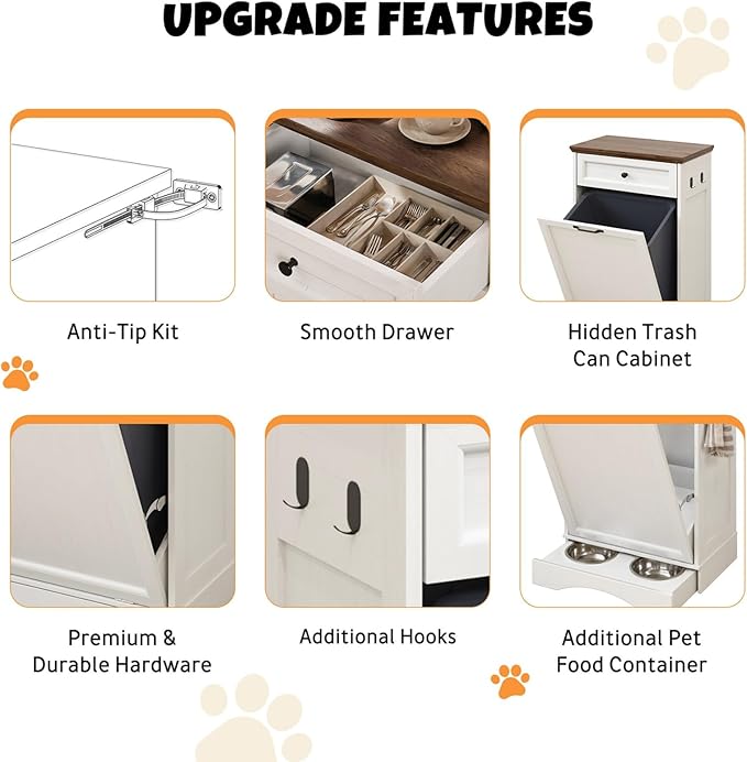 Tilt Out Trash Can Cabinet with Dog Bowl, 10 Gallons Dog Feeding Station with Storage Cabinet, Pet Food Cabinet with Hideaway Drawer for Kitchen, Living Room - Image 5