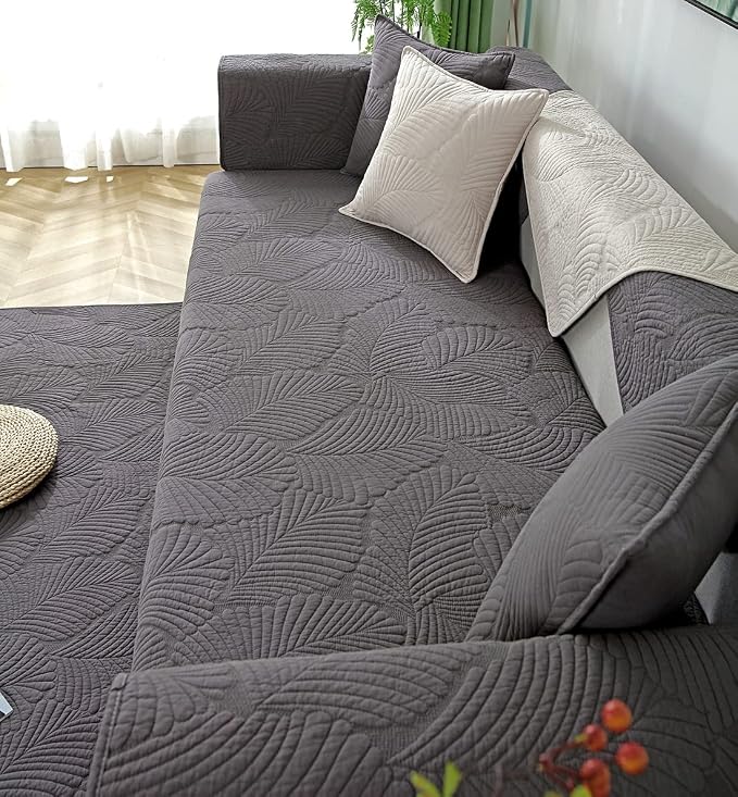 Solid Color Leaf Cotton Quilted Armrest Covers Backrest Covers Anti-Slip Soft Sofa Cover Armchair Slipcovers for Dogs Cats Pet (Dark Grey,28''x28'') - Image 5