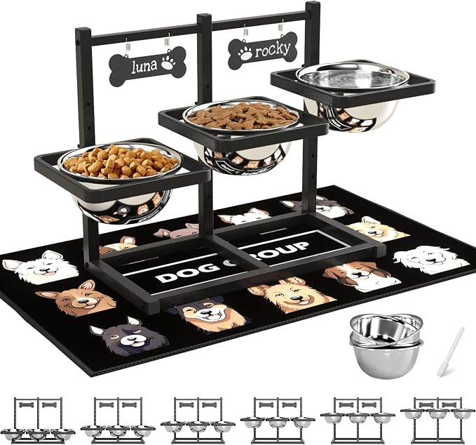 SHAINFUN Elevated Dog Bowls for Medium/Large Dogs with Mat, 6 Height Adjustable Raised Dog Bowls, Three Large 58oz Food Water Stainless Steel Bowls by SHAINFUN