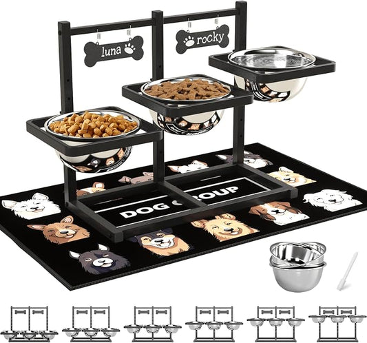 SHAINFUN Elevated Dog Bowls for Medium/Large Dogs with Mat, 6 Height Adjustable Raised Dog Bowls, Three Large 58oz Food Water Stainless Steel Bowls by SHAINFUN