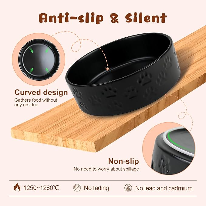 SPUNKYJUNKY Ceramic Elevated Dog Bowl Set with Acacia Wood Stand for Food and Water for Large Dogs (60.87 OZ, Black, Dog Paw Pattern) - Image 4