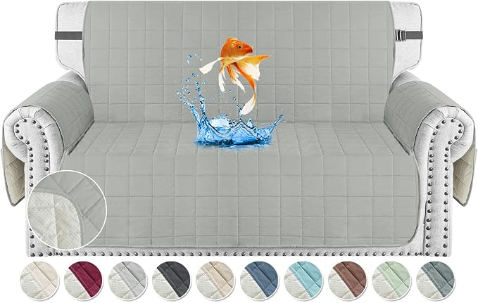 MAXIJIN Waterproof Love Seat Couch Covers 2 Cushion Sofa, 49" Quilted Loveseat Cover Slipcovers for Pets Dog Couch Cover Protector with Elastic Strap & Side Pocket (Loveseat, Light Gray) by MAXIJIN